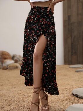 Floral Black High-Slit Maxi Skirt- XS
